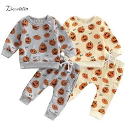 Kleidungssets -06–13 Lioraitiin 0–3 Jahre Baby Jungen Mädchen Halloween Outfits Langarm O-Ausschnitt Kürbis Print Tops Graue Hosen mit Kordelzug 221007