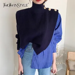 Women's Sweaters TWOTWINSTYLE Korean Patchwork Print Striped Sweater For Women Turtleneck Long Sleeve Casual Female Fashion Clothes 221007