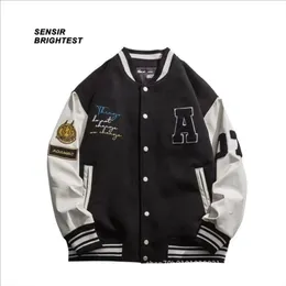 Mens jaquetas Sensir School School School American PU Leather Stitched Tweed Baseball Suit High Street Oversize Loose Varsity Jacket Men 221006