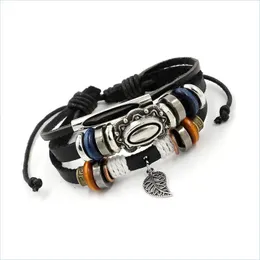 Charm Armbänder Mtilayer Wrap Lederarmband Blatt Charm Pl String Einstellbare Armbänder Armreif Manschette Für Frauen Männer Modeschmuck 47 Dhkbp