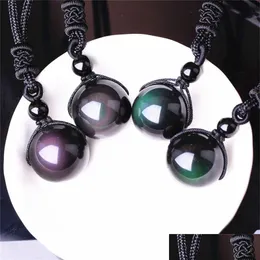 Anhänger Halsketten 12mm Naturstein Schwarz Obsidian Regenbogen Auge Perlen Ball Anhänger Transfer Glück Liebe Kristall Schmuck Mit Seil für Dhblg