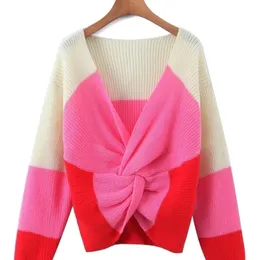 Kadın Sweaters 3 Renk Patchwork Örgü V yaka Twist Knot Tasarım Sıradan Gevşek Uzun Kollu Kazak Lujia Alan SW1855 221007