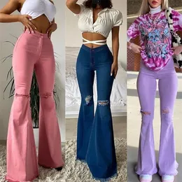 Women's Jeans Skinny Flared High Waist Solid Color Knees Hole Tight Denim Pants Washed Wild Stylish Chic Sexy Tassel Hem Trousers 221007