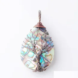 Pendant Necklaces Necklace Pendant Natural Abalone Shell Jewelry Tree Of Life Ancient Copper Metal Wire Wrap Water Drop Bdejewelry Dhzde