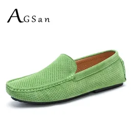 Отсуть обувь Agsan Summer Men Loafers Подлинное кожаное повседневное модное скольжение при вождении дышащих мокасинов зеленые замша 221007