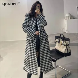 Womens Wool Blends Vintage Houndstooth Midlen comprimento de lã Coat Women Women Elegant Loose Double Trestted Tweed sobretudo outono inverno grosso de roupa coreana 221007