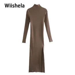 Повседневные платья Willshela Женщины с длинными рукавами с высоким уровнем эластичной миди моды Элегантная шикарная леди-свитер халат Femme 221007