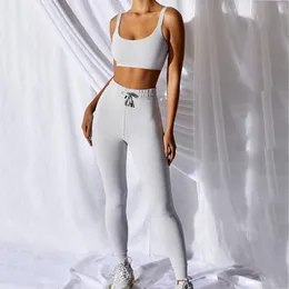 Damen-Zweiteiler, modisch, einfarbig, Damen-Set, Tank-Crop-Top und Leggings, passende Sportbekleidung, Damen, Fitness, 2-teilig, Activewear