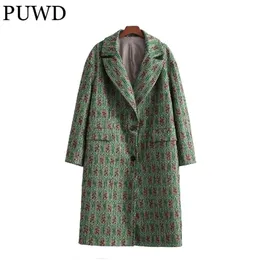 Women's Jackets PUWD Vintage Women Loose Button V Neck Coat Spring Fashion Ladies Green Pockets Casual Long Female Chic Outwear 221007