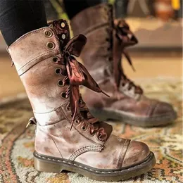 Boots Women Knight Ethnic Style Round Head Lace Up Plataforma de tamanho grande Retro Caminhada Western Botas femininas de luxo 221007