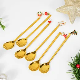 Set di stoviglie Cucchiai di Natale in acciaio inossidabile Torta d'oro Cucchiaino da caffè da dessert Accessori da cucina Stoviglie Babbo Natale Albero di Natale Alce