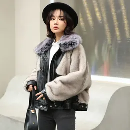 Women Coat thanksgiving gift Winter Faux Fox Fur Splicing leather Contrasting colors Fur collar jackets outdoor leisure fashion street long sleeve coats