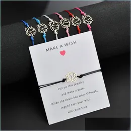 Urok Bracelets moda Make a Wish Bracelets Cute Lotos Flower Charm z kartą czerwony niebieski czarny biały sznur Bangle DIY ręcznie robione dhkyc