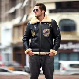 Avfly Men's Pilot Leather Jackets B3フライトスーツマルチスタンダードファー1つの黒いイタリアシープスキンウォームファーズパーカ