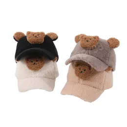 Bear Winter Baseball Caps for Kids Girls Boys Lamb Wool Baby Hat Justerbara barn Cap Infant Accessories Småbarn Hattar 1-3Y