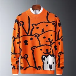 Män tröjor herr höst casual isbjörn mönster trendig smal bomull långärmad rund krage manliga varma tröjor orange 221007