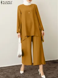 Etnik Giyim 2 PCS Moda Kadınlar Uzun Kollu Bluz Geniş Bacak Pantolon Setleri Zanzea Zarif Katı Takım Sıradan Gevşek Eşleştirme Müslüman Outifits 221007