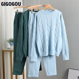 Kadınlar İki Parçalı Pantolon Gigogou Sonbahar Kış Kadın 2 Parçası Setleri Kadınlar Mahsul Üst Kablo Twist Sweaters Kaşmir Spor Örme Takipleri 221007