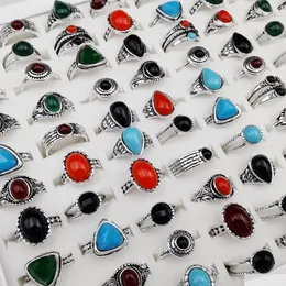 Anéis de banda 50 pçs/lote antigo esculpido anéis de pedra preciosa clássico safira rubi para mulheres homens boêmio luxo retrô festa presente Dro Bdegarden Dhudq