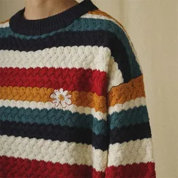Mens Sweaters Harajuku Streetwear Daisy Rainbow Striped Vintage Knitted Sweater Autumn Winter Loose Thicken Warm Hip Hop Pullover Sweater Men 221008
