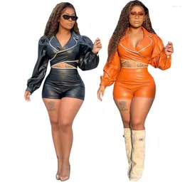 Women's Tracksuits Chiclover Pu Leather Two Piece Shorts Set Long Sleeve Crop Top Sexy Outfits For Woman Fashion Clubwear Wholesale Drop