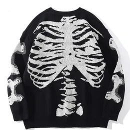 Herrtröjor män överdimensionerad tröja svart lös skelett bentryck kvinnor vintage retro stickad tröja höst bomull pullover unisex 221008