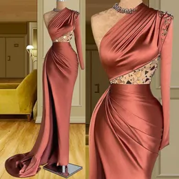 Fashion One Shoulder Evening Dress Mermaid Women Long Sleeves Prom Gown Beads Elegant Party Gown Split Robes De Soiree