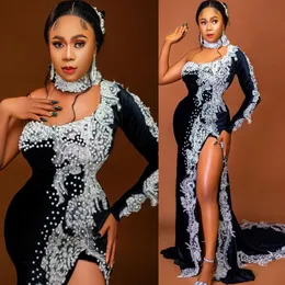 2022 Arabiska Aso Ebi Black Mermaid Prom Dresses Lace Pearls Tonged Evening Formal Party Second Reception Birthday Engagement Gowns Dress Wly935