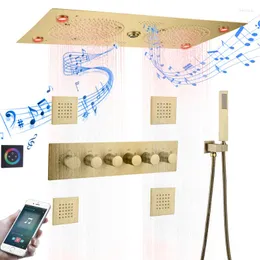 Banyo Duş Seti Lüks Fırçalı Altın Termostatik Kafa Seti 620 320mm LED Müzik Özellikleri Masaj Nozumu