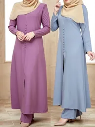 民族衣類イスラム教徒のアバヤドレスセット2ピース女性ロングアラブ七面鳥ドバイスプリットOネックスリーブトップエイドラマダンイスラムロパパンツ221007