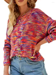 Suéteres femininos Mulheres Variegadas Color Sweater Round Collar Slave Longa Longo Tops de malha de malha de estilo solto S/ M/ L/ XL