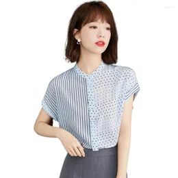 Kvinnors blusar Simgent Summer Chiffon Blue Women 2022 Dot Striped Short Sleeve Elegant Office Lady Thirts Woman Tops Blusas SG2332