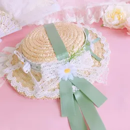 Kopfbedeckungen Wunderschöner Lolita-Blumen-Strohhut, Spitze, Schleife, Sommer-Sonnenschutz für Outdoor-Aktivitäten, Hochzeit, Teeparty