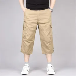 Men's Pants 2022 Summer Mens Military Baggy Cargo Multi Pocket Calf Length Elastic Waistband Capri Beach Trousers Men's