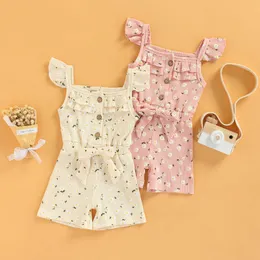 Rompers 2022 Summer Clothes Toddler Kid Girls PlaySuit Square Neck Fly Sleeves Bow Ribbed Flowers Printed Jumpsuit Rompers J220922