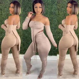 Women's Two Piece Pants BAMBOOBOY Women Sexy Long Sleeve Slash Pleated Neck Zipper Tight Top And Club Streetwear Bodycon Suit Set ZL1584