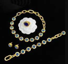 Luxuriöse blaue Harzkristall-Halsketten für Damen, Armband, Ohrringe, Ringe, Haarnadel-Set, Banshee-Medusa-Portrait, 18 Karat vergoldet, entworfener Designer-Schmuck, CYS – 32