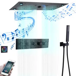 Banyo Duş Seti Mat Siyah Termostatik Musluk Seti 24 12 inç LED Müzik Özellikleri Duşları Combo Handheld