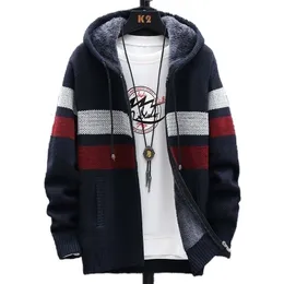 Mens Sweaters FALIZA Striped Mens Sweater Coat Thick Fleece Warm Zipper Wool Hooded Cardigan Jumpers Men Long Sleeve Knitted Sweaters MXY110 221007