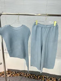 여자 T 셔츠 Miyake Pleated Suit Women 's Summer Fashion High-end 2 피스 Top Wide Leg 바지