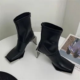 Strange 8CM High Heel Women Ankle Boots Genuine Leather Square Toe Botas Mujer Ladies Slim Fit Sock Boot Dress Shoes