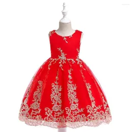 Girl Dresses 2022 European And American Children's Dress Mesh Embroidered Princess Skirt Gold Line Wedding