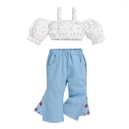 Completi di abbigliamento Vestiti estivi per bambina infantile Soffio a maniche corte con spalle scoperte Ricamo a fiori Top con imbracatura corta Pantaloni svasati in denim fragola