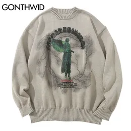 Blusas de masculino Gonthwid Sweaters Hip Hop Lightning 3d Angel estátua estampa de suéter de streetwear de estilo de streetwear casual tops soltos 221008