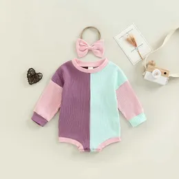 Rompers Baby Bagher Spring Autumn Jumpsuit Outfit Contrast Colte Cotton CasuareFashion Long Sleeve Rompers with Headband J220922