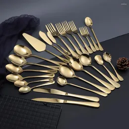 Servis upps￤ttningar 1 PC Gold Fruit Fork Dinner Knife Dessert Tea Spoon Mirror Cutlary Restaurang Service Tabeller Bordsvarig K￶ksvaror