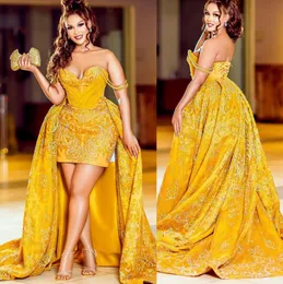 2022 Árabe Aso ebi bainha amarela vestidos de baile de renda de renda