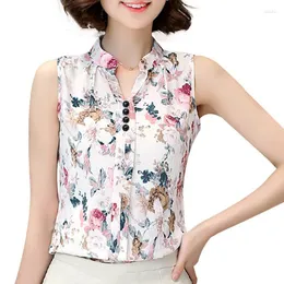 Women's Blouses Women's & Shirts RibbonFish Women Summer Style Chiffon Office Work Wear Sleeveless Flower Twill Printed Notched Neck