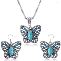 Brincos de decote Conjunto de jóias de borboleta de cristal de pedra azul oval para mulheres liga de noivado na moda HJuey