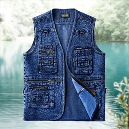 Men's Vests Men Vest Denim Waistcoat Jacket Deep Blue Male Sleeveless Coat Spring Autumn Multi-Pocket Jeans Gilet Outwear Chalecos 221008